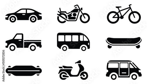 Transportation icons set car truck bus bike skateboard scooter van