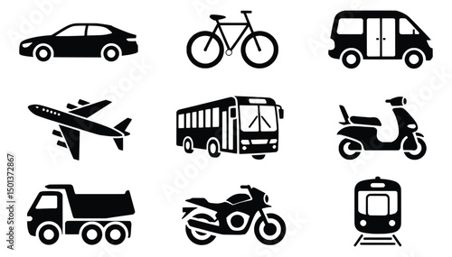Transportation icons set car bicycle van airplane bus scooter truck motorcycle train