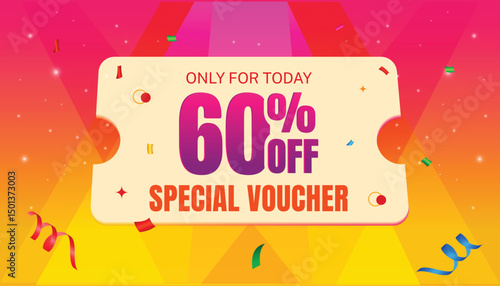 This colorful discount voucher illustration with 60% OFF and text is perfect for special offers, sales campaigns, and marketing promotions.