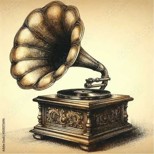 Drawing with colored pencils of a gramophone with a vinyl record. Vector graphics. EPS.