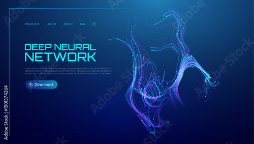 Neural network background with AI data in abstract wave lines. Tech blue science with artificial flow and digital light vector. Future graphic technology pattern in 3D concept with green energy.