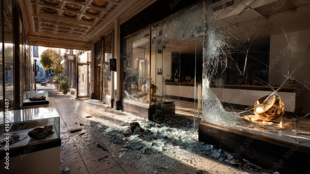 Obraz premium Broken glass entrance to store or museum. Transparent closed large door and showcase with holes and cracks. Realistic mockup of front entry with windows to supermarket or office. Crashed mall facade.