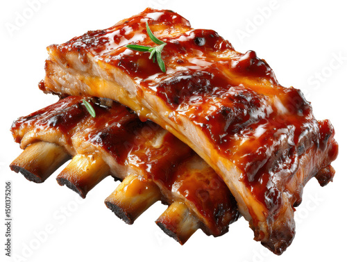 Barbecue Rib Stack: A mouthwatering stack of barbecue ribs glistens with a rich, flavorful sauce, promising a delectable culinary experience.