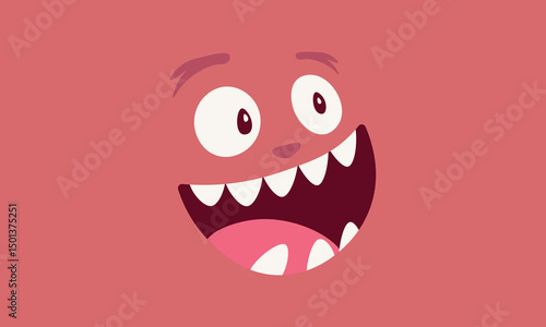 Funny cartoon monster face background. Happy pink creature with big eyes. Cute goofy expression.