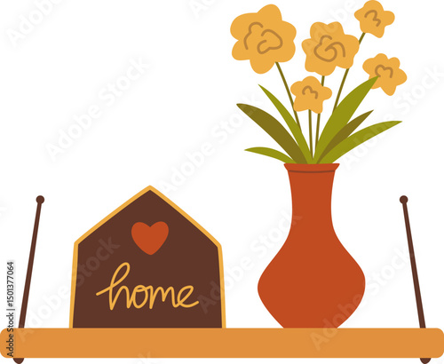 Home Sign and Vase on Wooden Shelf
