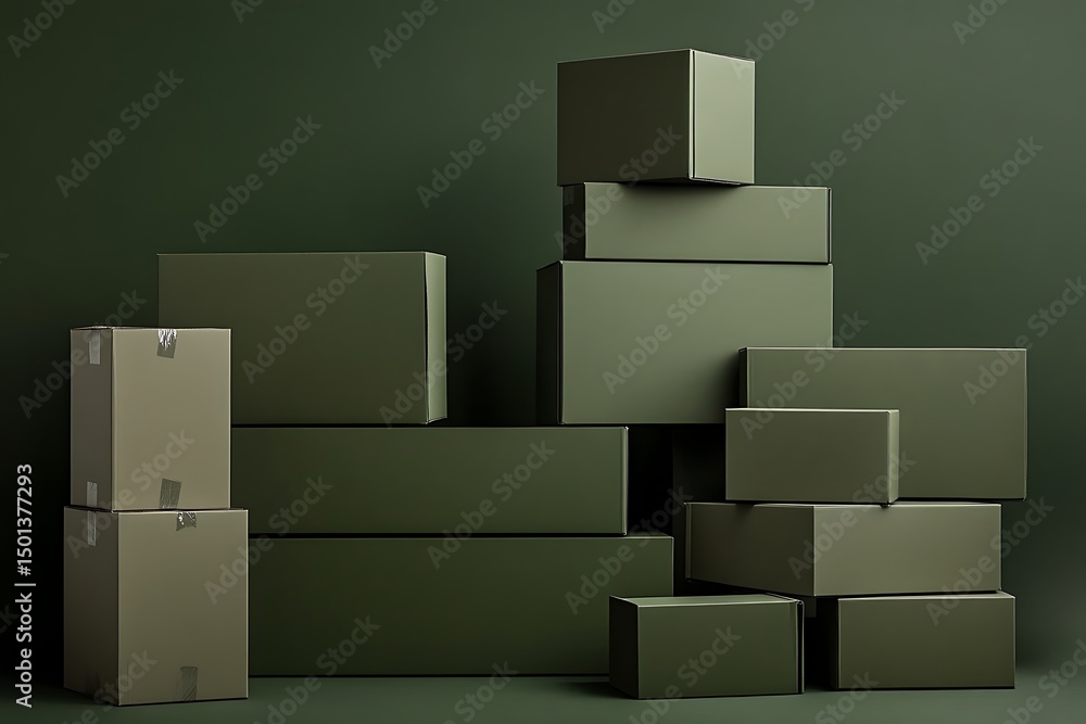 Obraz premium Stacked cardboard boxes in various sizes arranged in a staggered formation against a dark green background