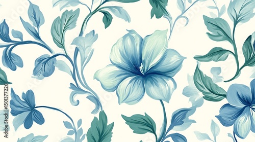 Blue Floral Pattern with Intricate Leaf Designs