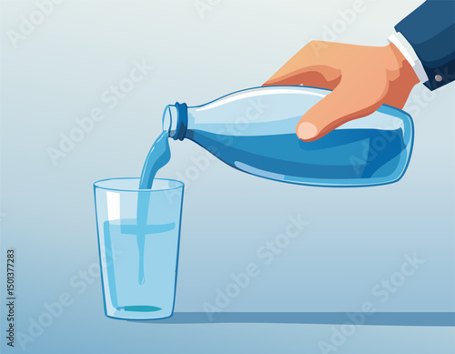 Artistic rendering of a hand pouring liquid into a glass with smooth, curvy lines and gradient tones. A fresh and modern visual.