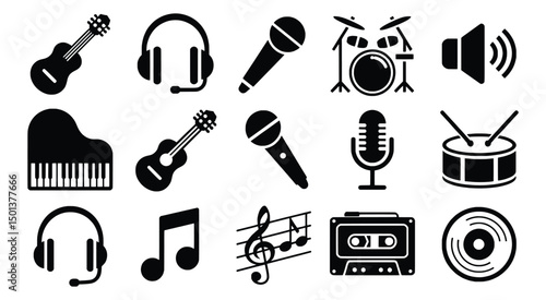 Music icons set musical instruments headphones microphone