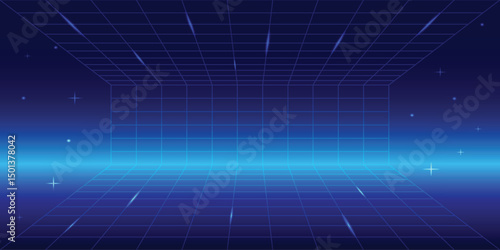Pixel art background.8 bit game. retro game. for game assets in vector illustrations. Retro Futurism Sci-Fi Background. glowing neon grid. and stars from vintage arcade comp