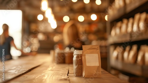 Wallpaper Mural Close up of coffee beans in a jar and bag on a wooden counter in a rustic coffee shop.  Focus on product, blurred background of customers and shelves. Torontodigital.ca