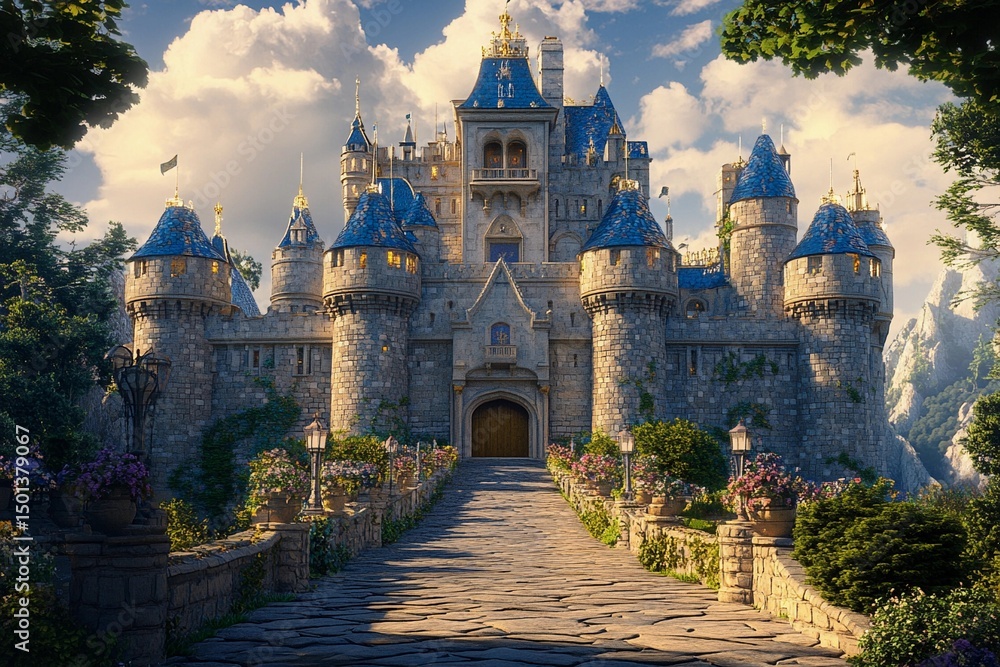 Obraz premium Castle with brightly shining walls stands cheerfully against a backdrop of majestic mountains and clear blue skies