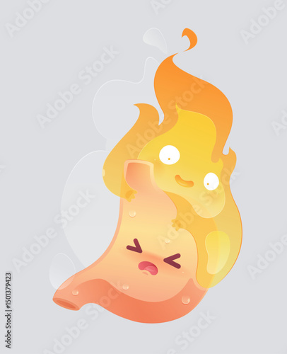 A cartoon stomach character with a fire character on it is used to show the symptom of acid reflux.