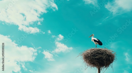 Stork on nest against vibrant sky