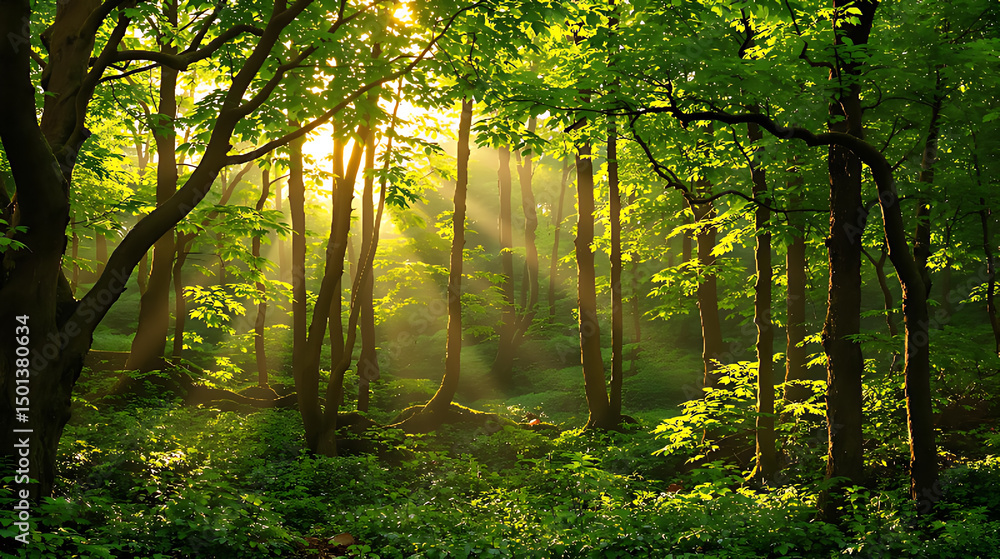 Obraz premium Sunlight streams through the trees in a lush green forest landscape scene view