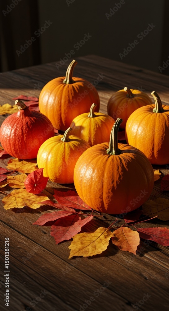 Photo of Pumpkins and Colorful Leaves on Wooden Table for Autumn Harvest Photo of Pumpkins and Colorful Leaves on Wooden Table for Autumn Harvest