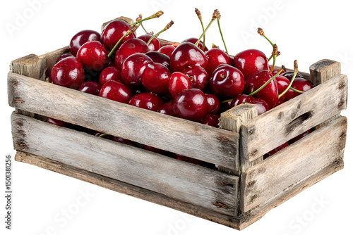 Fresh ripe cherries in wooden crate or box for sale at local farmers market on transparent background