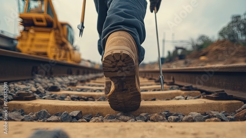 Construction worker walking on railway tracks
