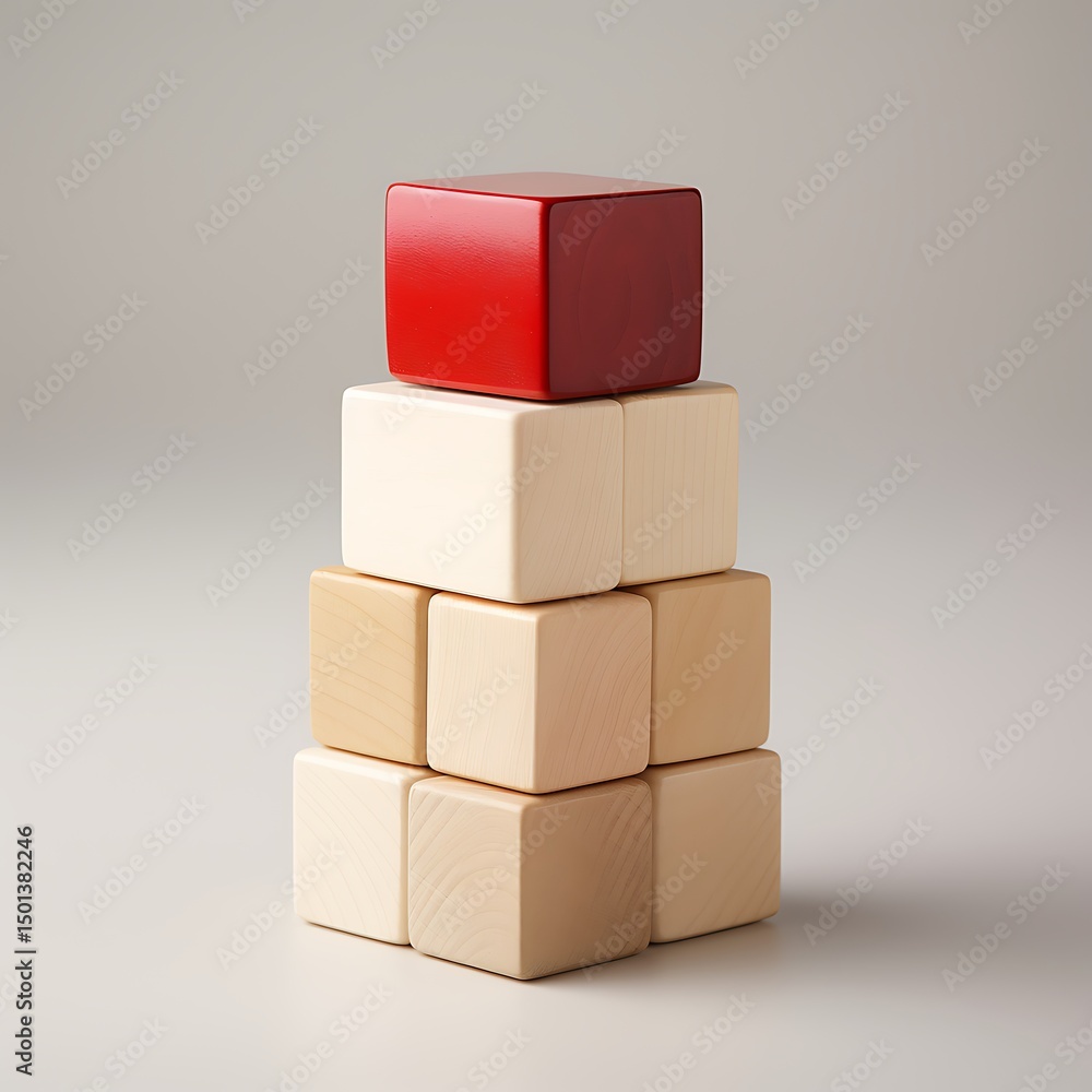 Obraz premium Stacked wooden cubes, light neutral backdrop, featuring one red cube balanced on top, construction concept, education concept, studio shot.