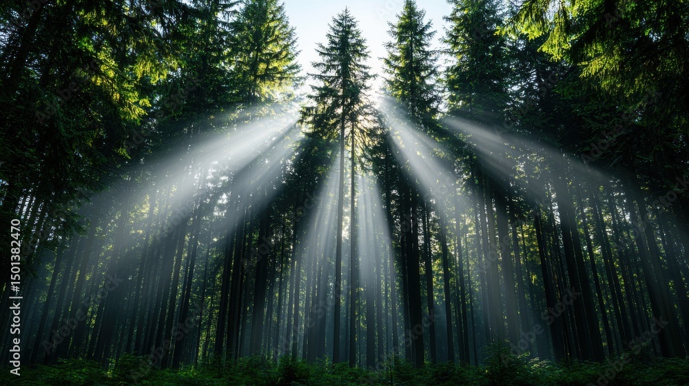 Obraz premium Sunbeams in Mystical Forest, Nature Photography