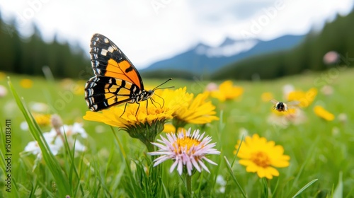 Butterfly on Flower Meadow, Mountain View