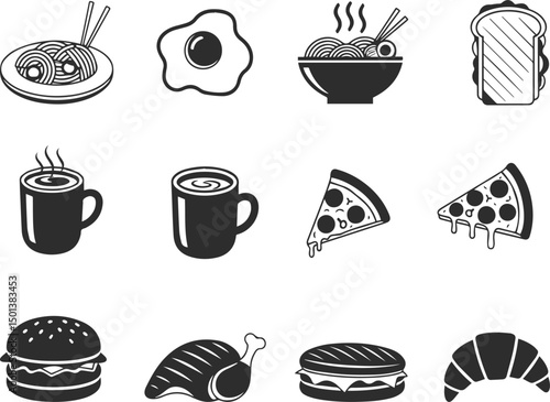 Set of icons of various food and drinks, tea, coffee, burger, pizza, croissant, sandwich, noodles, scrambled eggs, food icons in black color.