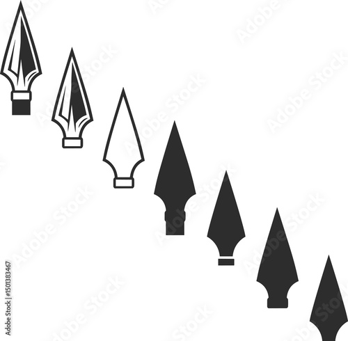 A set of various spearheads in both silhouettes and black lines, spearhead icons or logos or peaks in black.