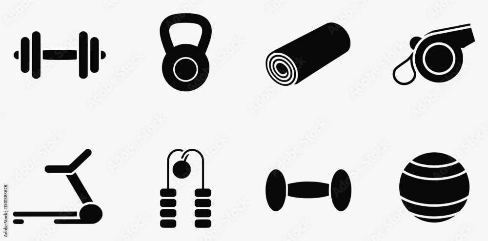 Fototapeta premium Fitness icons gym equipment workout symbols silhouette