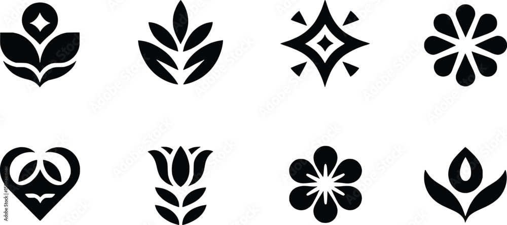 Fototapeta premium Eight black floral and geometric design elements