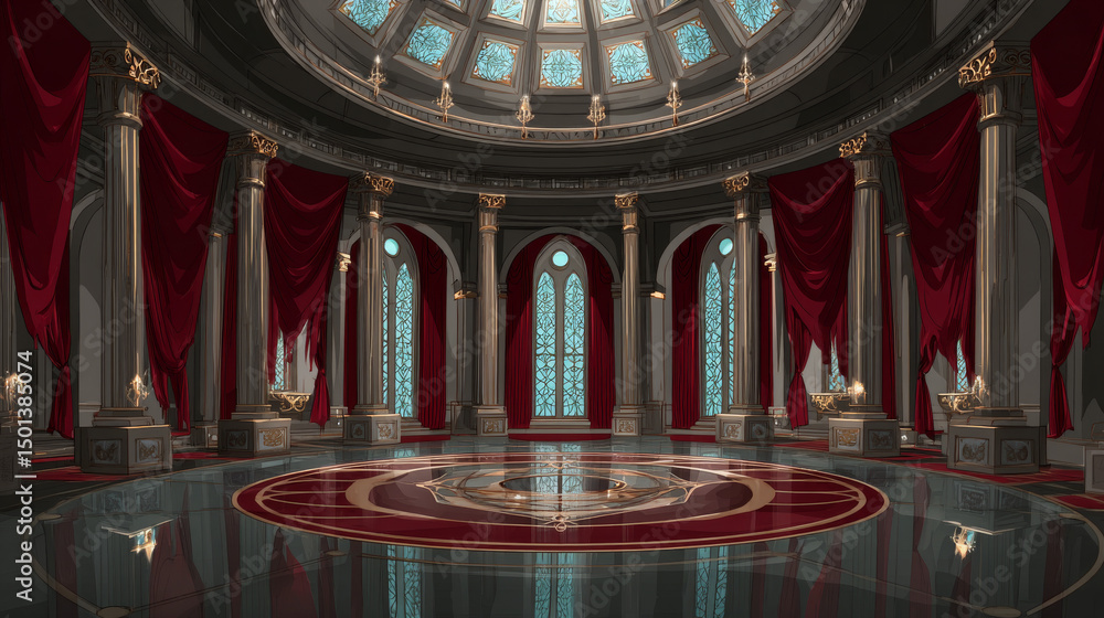 Obraz premium Ballroom interior in medieval royal castle. Vector cartoon illustration of empty round banquet hall in baroque palace with columns, tall windows, red curtains and glossy floor