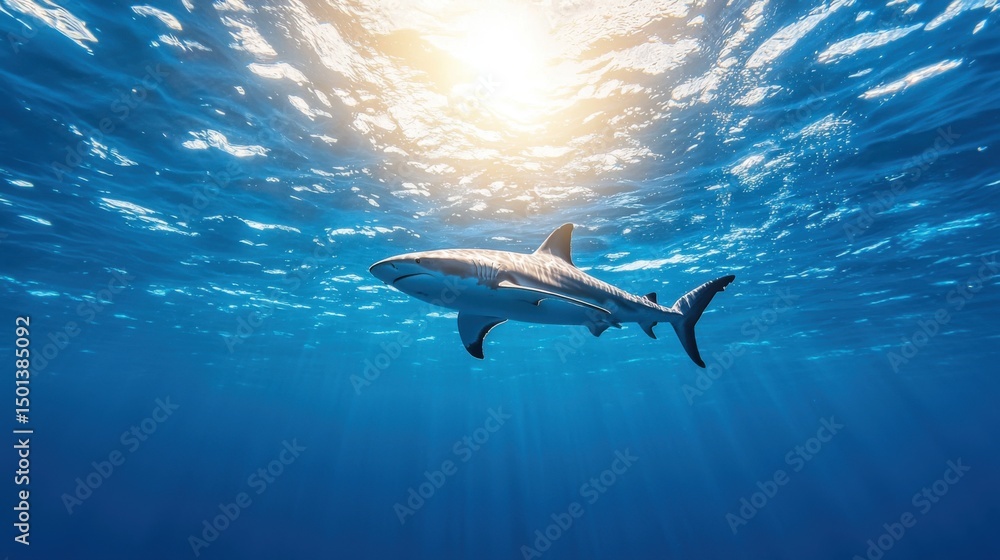 Fototapeta premium Majestic Tiger Shark Underwater, Ocean Sunlight