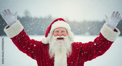 Photo of Santa Claus Smiling in Snow Wearing Red Coat and White Gloves