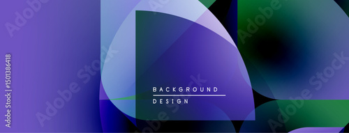 Abstract gradients, overlapping shapes create modern background. Purple, green hues dominate design, text present.