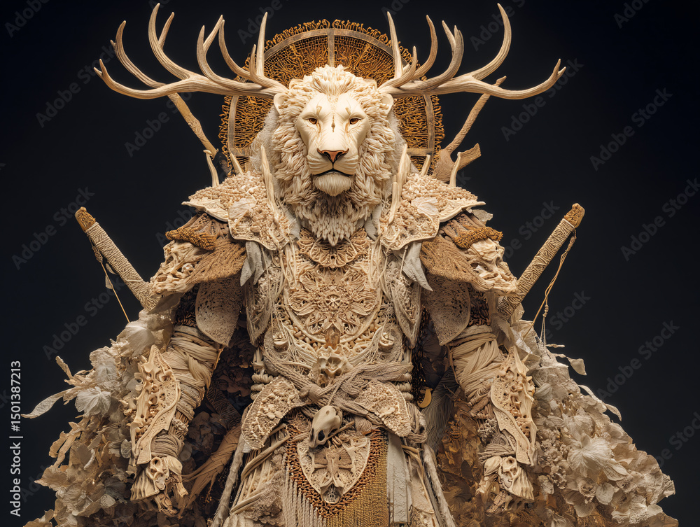 Fototapeta premium a fantastical creature with the head of a lion and antlers, wearing ornate armor adorned with various skulls and bones. It is seated on a throne-like structure, surrounded by swords a