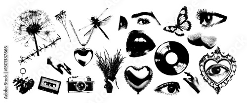 Pop art glamour elements retro halftone effect. Grunge black and white  Eyes, mouth, vinyl, heart, hand, cupcake, dragonfly, dried flowers. Vector illustration.
