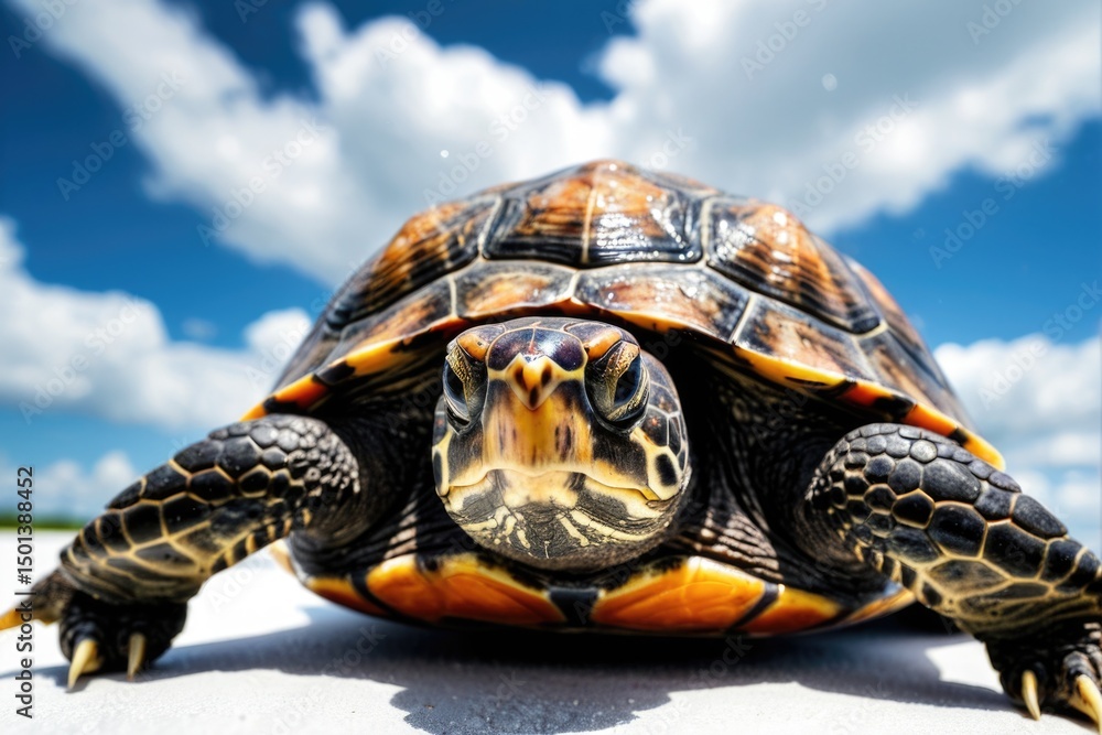 Obraz premium A close-up shot of a turtle lying on the ground, showcasing its shell and texture