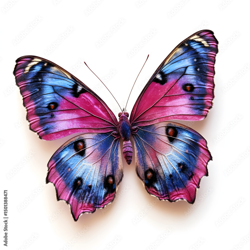 Fototapeta premium Vibrant Blue and Pink Butterfly with Intricate Wing Patterns Isolated on a White Background