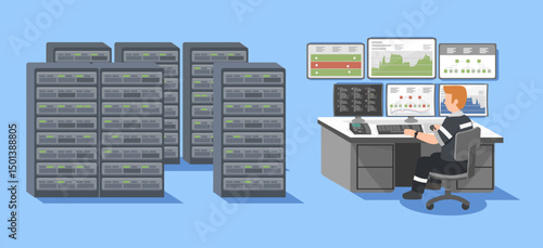 IT specialist monitoring server racks and analyzing system performance dashboards in a modern flat cartoon data center control room blue sky color tone