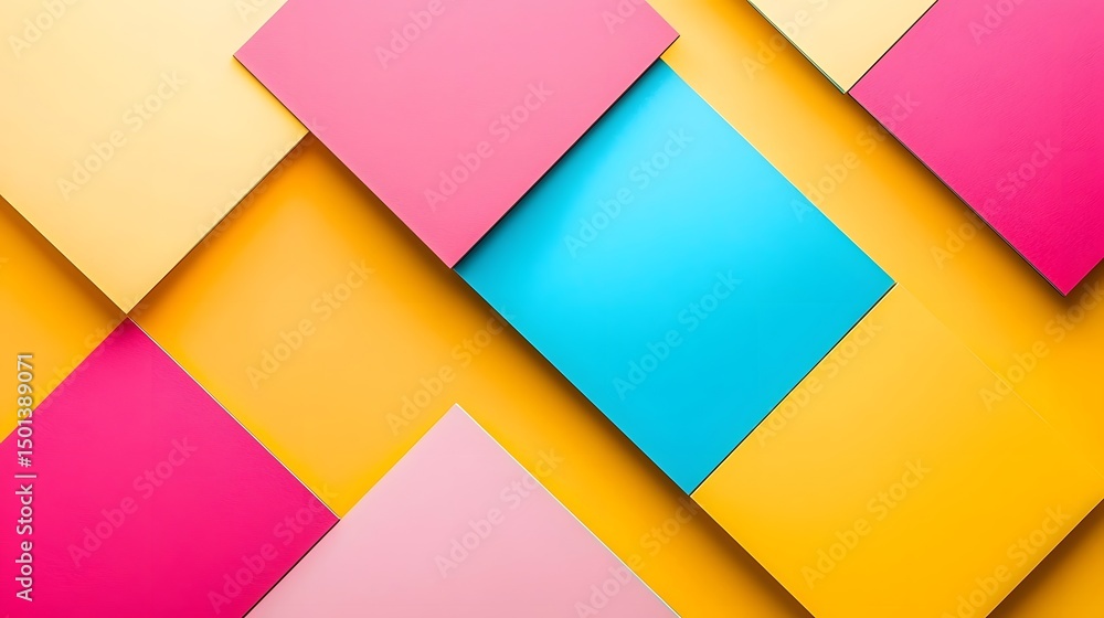 Colorful Layered Geometric Shapes of Paper in Vibrant Yellow Pink and Blue Tones Colorful Layered Geometric Shapes of Paper in Vibrant Yellow Pink and Blue Tones