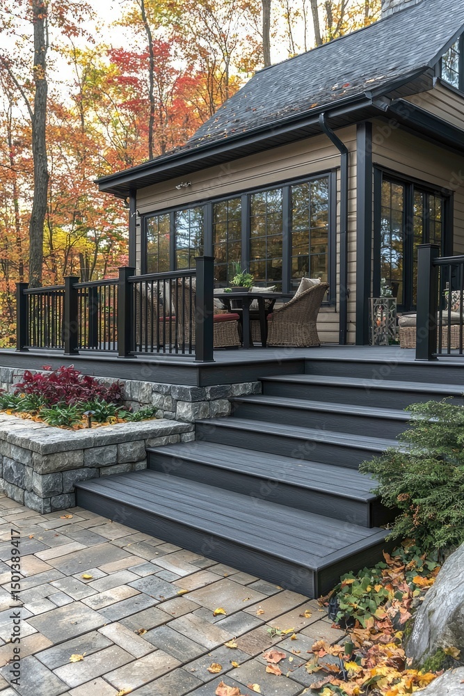 Obraz premium Exterior deck steps leading to a modern home.