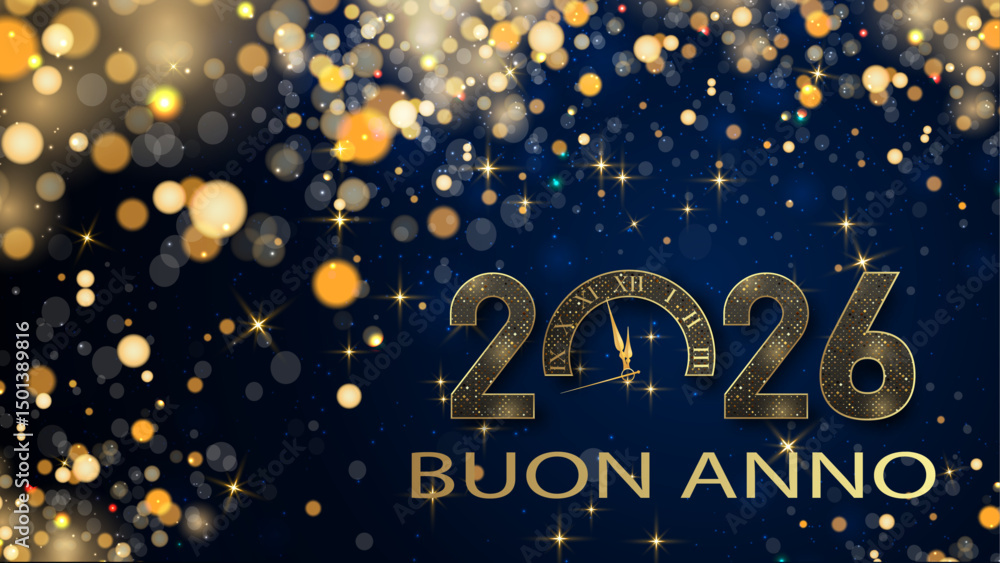 biglietto o striscione per augurare un felice anno nuovo 2026 in oro lo 0 è un orologio con glitter color oro in effetto bokeh su uno sfondo blu