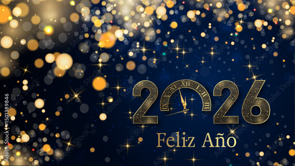 Tarjeta o pancarta para desear un feliz año nuevo 2026 en dorado el 0 es un reloj con brillo color dorado en efecto bokeh sobre fondo azul