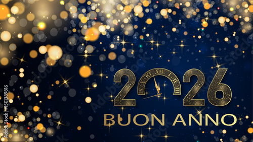 biglietto o striscione per augurare un felice anno nuovo 2026 in oro lo 0 è un orologio con glitter color oro in effetto bokeh su uno sfondo blu