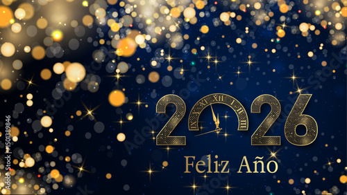 Tarjeta o pancarta para desear un feliz año nuevo 2026 en dorado el 0 es un reloj con brillo color dorado en efecto bokeh sobre fondo azul