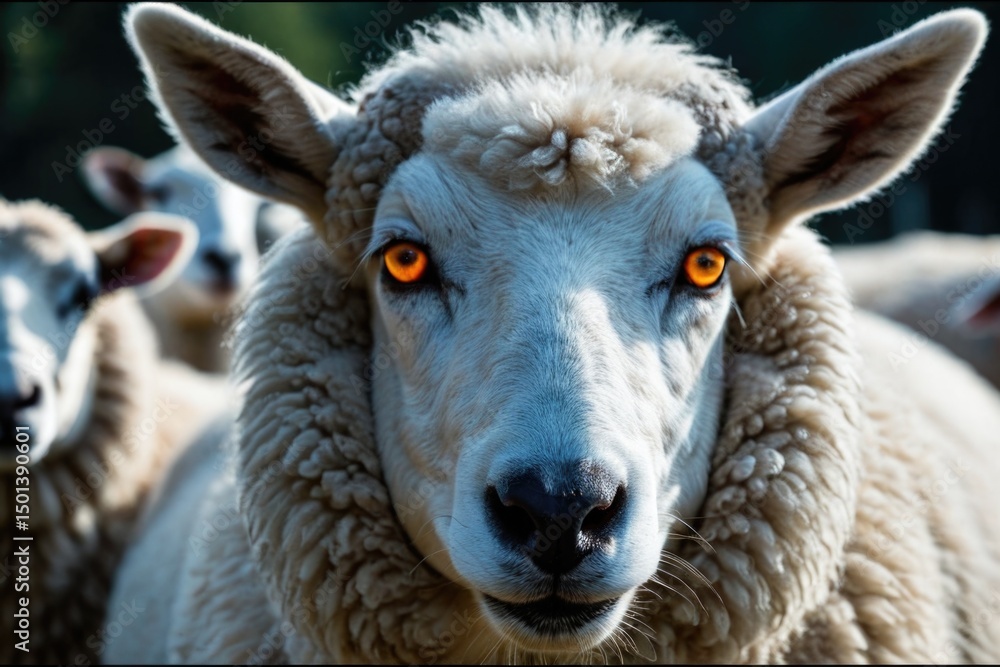 Obraz premium A close-up shot of a sheep with distinctive orange-colored eyes