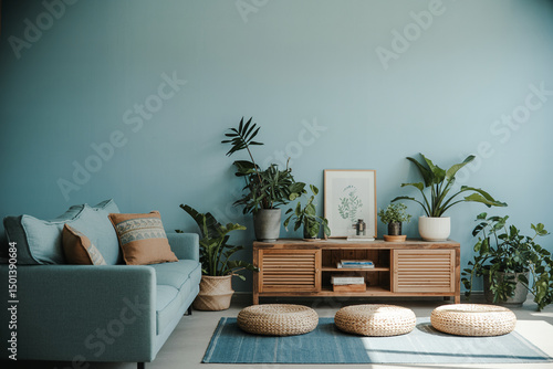Sunlit living room with pale blue linen sofa, rustic wooden console, and woven floor cushions in a minimalist Scandinavian style

