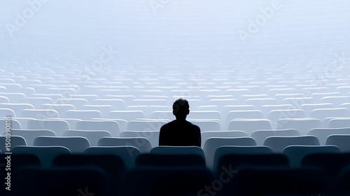 A lone figure sits in an empty space filled with seats. This image evokes feelings of solitude and reflection. It represents longing and quiet contemplation. Ideal for artistic projects. AI
