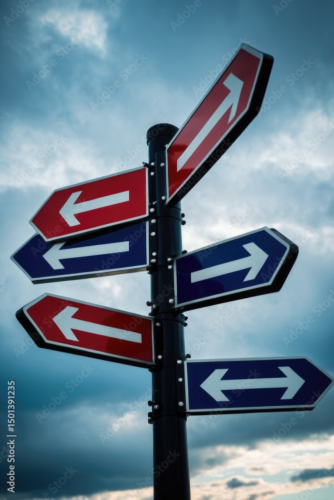 A street sign with multiple arrows pointing in different directions, great for navigation or wayfinding concepts A street sign with multiple arrows pointing in different directions, great for navigation or wayfinding concepts