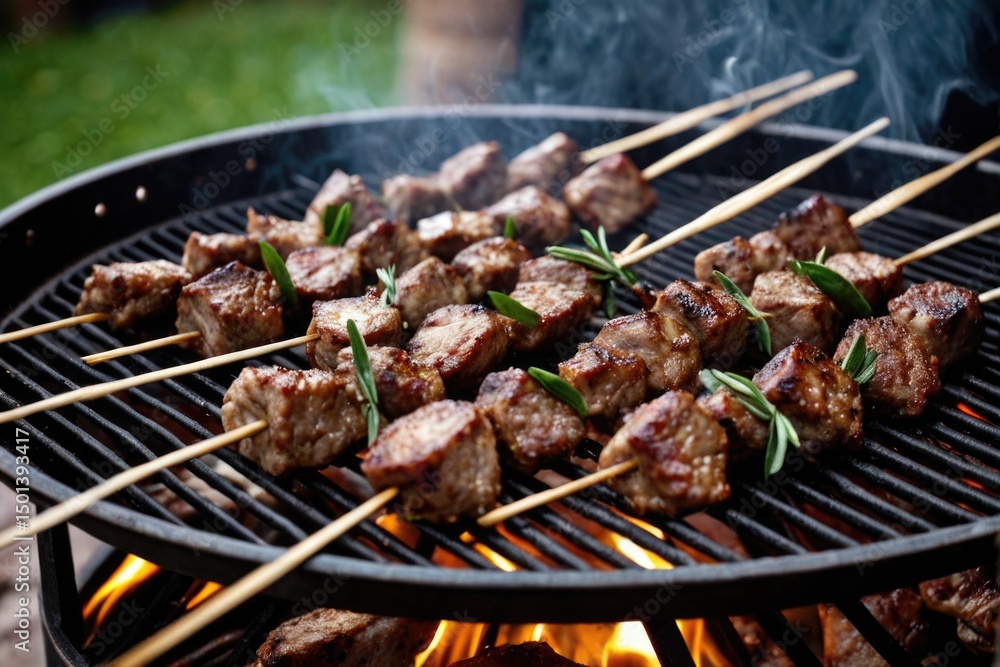 A close-up of grilled skewers with various meats, perfect for a barbecue or outdoor event A close-up of grilled skewers with various meats, perfect for a barbecue or outdoor event