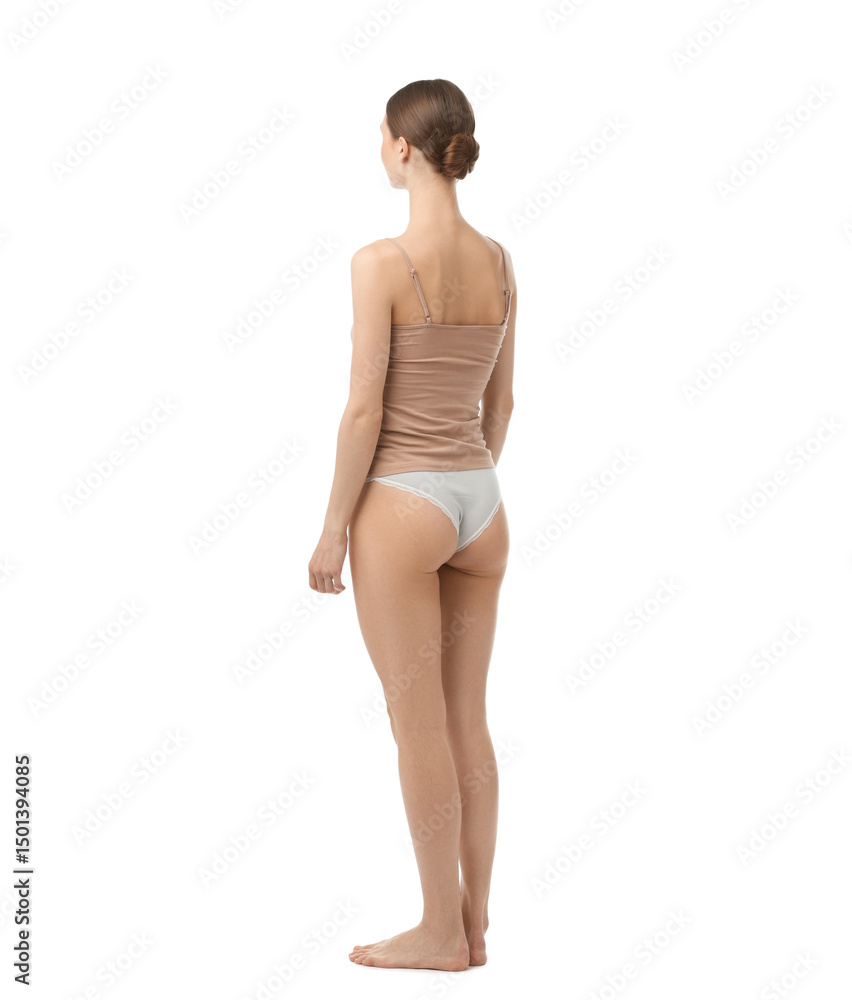 Fototapeta premium Woman wearing beautiful underwear on white background